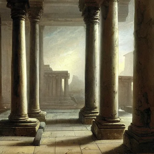 Prompt: painting of a scifi ancient civilzation victorian empty room with pillars, hubert robert