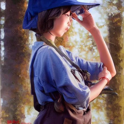 Image similar to oil painting by ilya kuvshinov,, baugh casey, artgerm craig mullins, leyendecker, of a youthful japanese girl, long hair, fishing and wearing fisherman's outfit, fisherman's hat, highly detailed, breathtaking face, studio photography, noon, intense bounced light, water reflection, large tree casting shadow, serine intense sunlight