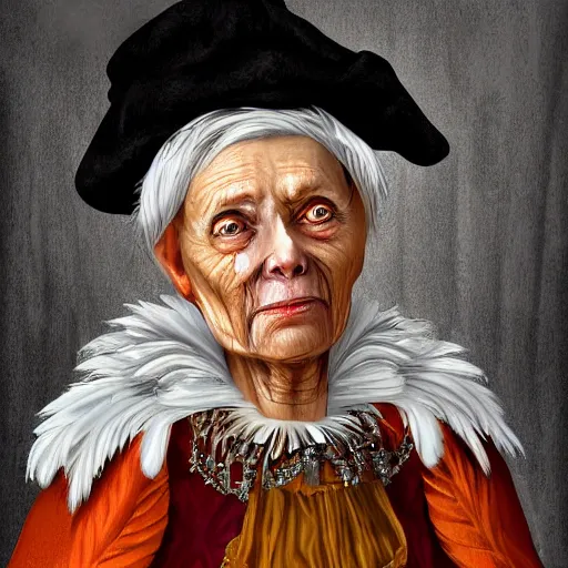 Image similar to portrait headshot digital painting of a old 17th century old lady cyborg merchant, amber jewels, clorful feathers, baroque ornate clothing