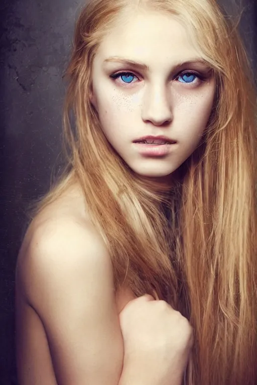 Image similar to photo realistic portrait of a blonde hair blue eyed teenage girl, sharp jawline seductive pose, Teary-eyed, makeup with a cat close to her. Photography portrait by Paolo Roversi