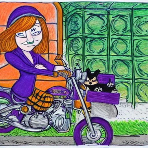 Prompt: a highly detailed drawing by s. gahan wilson of a slender beautiful woman with straight ginger hair and bangs, wearing purple leathers and gold helmet, posing with large ginger tabby and raccoon on a motorcycle in front yard, holding toasted brioche bun, dramatic lighting