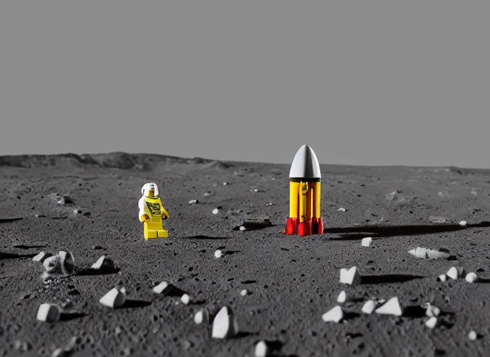 Prompt: a high-definition photograph of a large Lego rocket landing on the moon