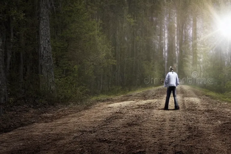 Image similar to a man standing on a dirt road in the woods, a stock photo by gregorius sickinger, pixabay contest winner, primitivism, rendered in maya, anamorphic lens flare, dark