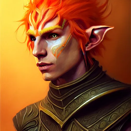 Prompt: portrait painting of an elven eladrin young man with short light orange hair and tribal tattoos in his cheekbones wearing fur armor, d & d, rpg, sharp focus, award - winning, trending on artstation, masterpiece, highly detailed, intricate. art by josan gonzales and moebius and deathburger