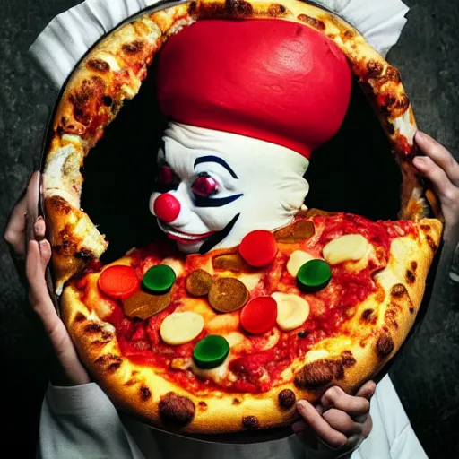 Image similar to clown cosplaying as a pizza, clowcore, michelin star food, clowncore funhouse, photo by annie leibowitz