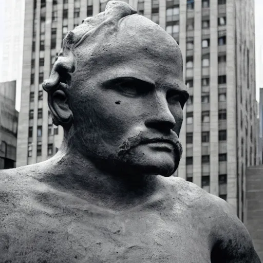 Prompt: Wet plate image of statue of a giant mythic man with black wings, age 34, outside 30 Rockefeller Center, Dark photo, Slightly blurred,