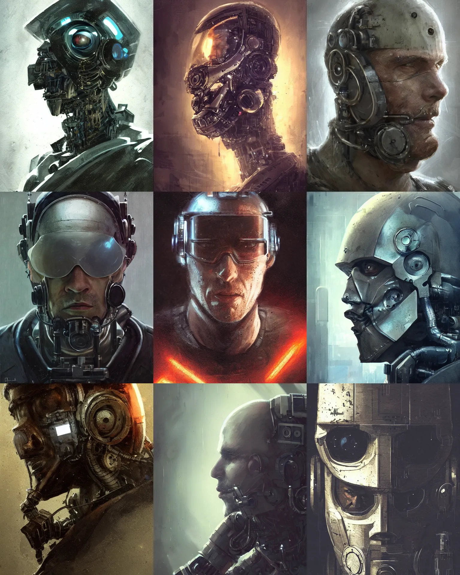 Prompt: a small half - masked rugged laboratory engineer man with cybernetic enhancements as seen from a distance, scifi character small portrait by greg rutkowski, esuthio, craig mullins, 1 / 4 headshot, cinematic lighting, dystopian scifi gear, gloomy, profile picture, mechanical, cyborg, half robot, implants, dieselpunk