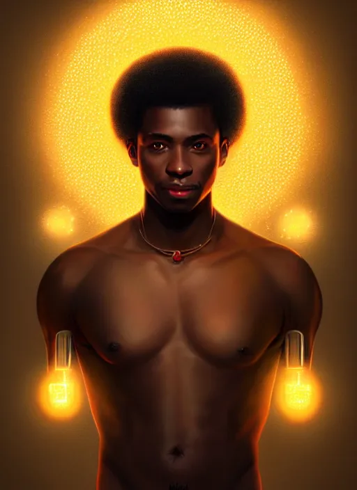 Image similar to photographic portrait of an handsome young black man with an afro, glowing lights intricate, elegant, highly detailed, digital painting, artstation, concept art, smooth, sharp focus, illustration, art by artgerm and greg rutkowski