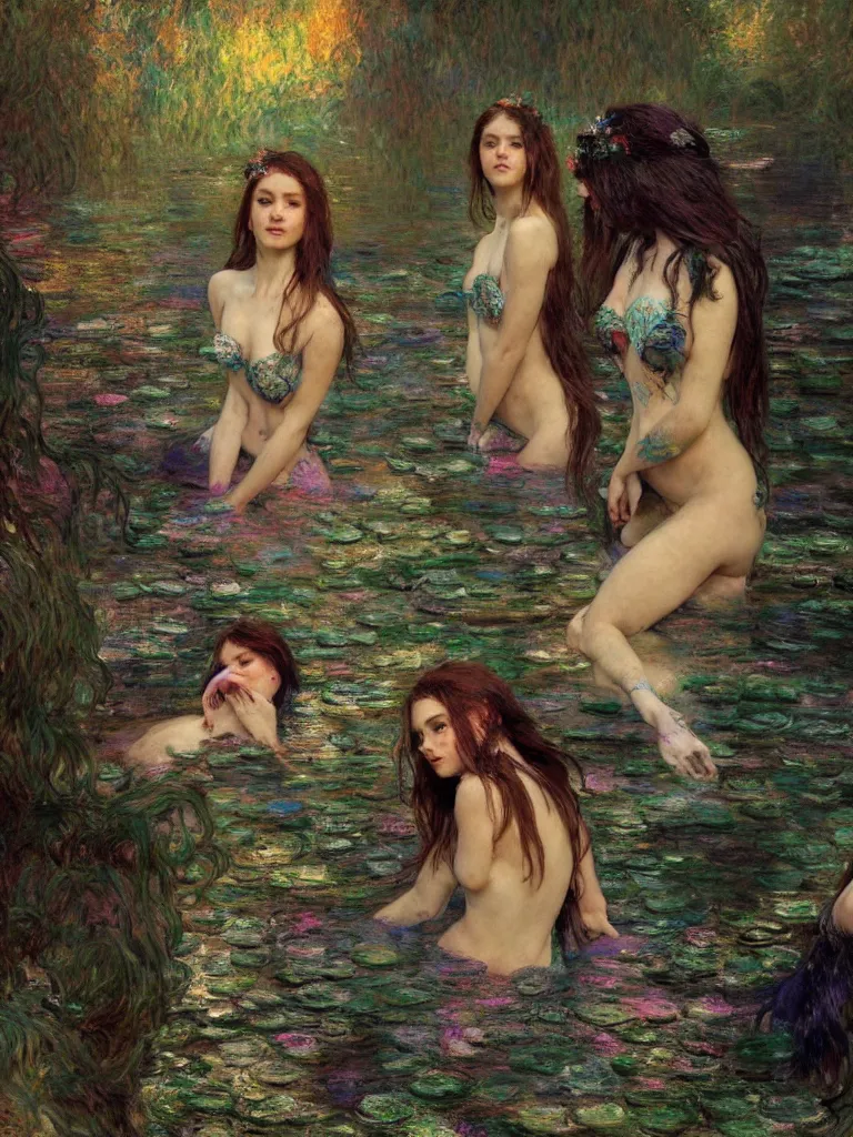 Image similar to illustration studio portrait of three dark beautiful mermaids female energy in artistic poses in the river at the forest, monet painterly motives and textures pattern, hyper detailed, octane render, vivid colors, artstation, by jeremy mann, by alphonse mucha, by monet