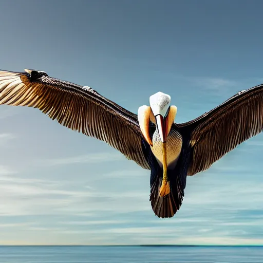 Prompt: a picture of a huge flying pelican made of fully transparent glass. the glass pelican is transparent has its wings spread. symmetrical photo. very detailed, professional lighting diffracted lightrays 4 k.