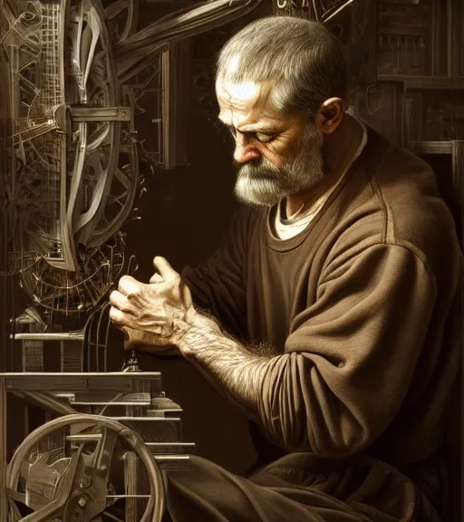 Image similar to portrait of a man building a machine, intense emotion, detailed facial expression, detailed surroundings, intricate, elegant, highly detailed, centered, digital painting, artstation, concept art, smooth, sharp focus, illustration, by ( leonardo da vinci ), wlop