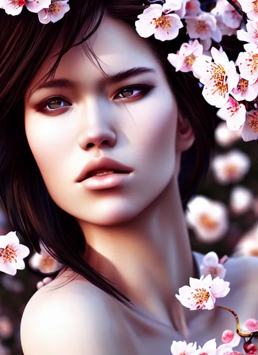 Image similar to photo of a gorgeous female with messy hair in the style of stefan kostic, realistic, body shot, sharp focus, 8 k high definition, insanely detailed, intricate, elegant, art by stanley lau and artgerm, cherry blossoms