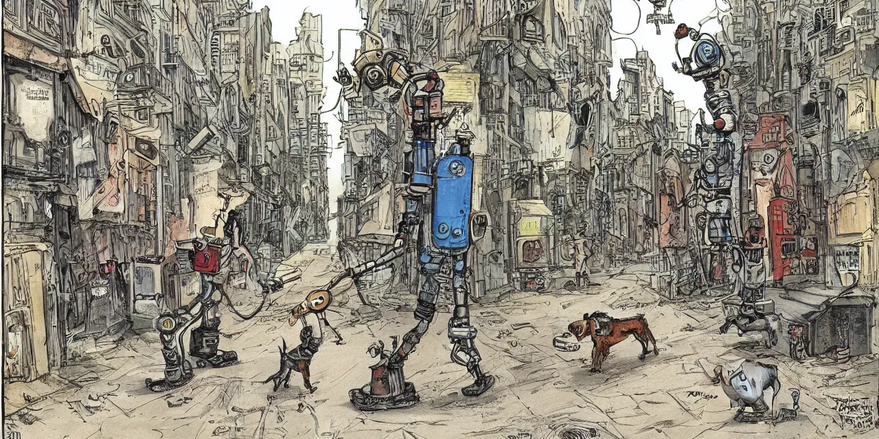 Prompt: a dog walking a robot on a inner city urban street set in the late 2 1 2 2 one hundred years of agi, caricature styling by jack davis