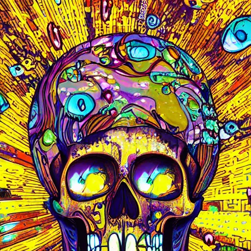 Image similar to dripping honey, portrait of skull, trippy, glitch, miyazaki style, exaggerated accents