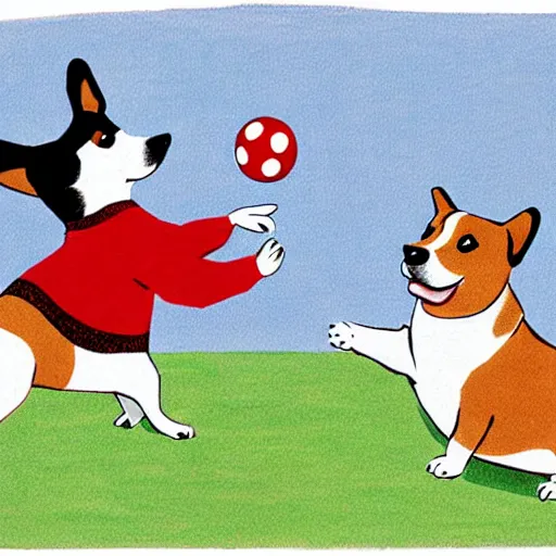 Image similar to illustration of french boy in paris playing football against a corgi, the dog is wearing a polka dot scarf