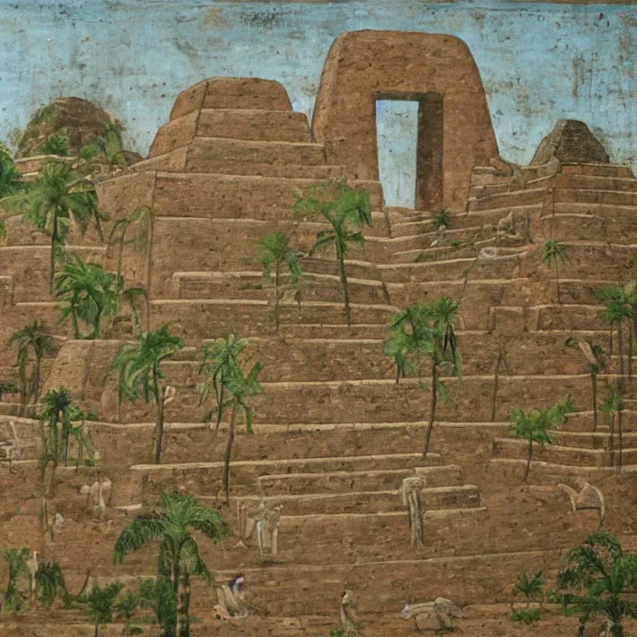 Prompt: a building in a serene landscape, ancient mesoamerican painting