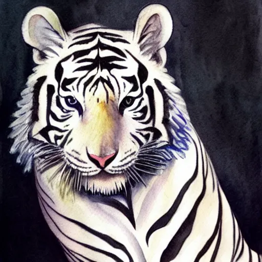 A new watercolor painting of a white tiger. I cheated a bit and used white  gouache for the whiskers and on some of the fur : r/Watercolor