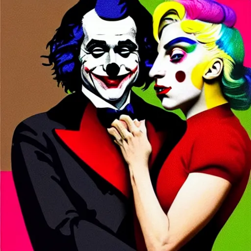 Image similar to ilya yefimovich repin and mimmo rottela and banksy as joaquin phoenix skinny joker, holding lady gaga harley queen hand, ultra photorealistic, intricate details, pop art style, concept art, confident posse, justify content center, 2 colours, warm color, 4 k, ultra smooth, sharp focus, perfect models