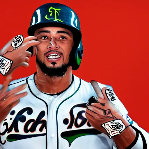 Prompt: fernando tatis jr applying cream to himself, splash art, hyper detailed, 8 k