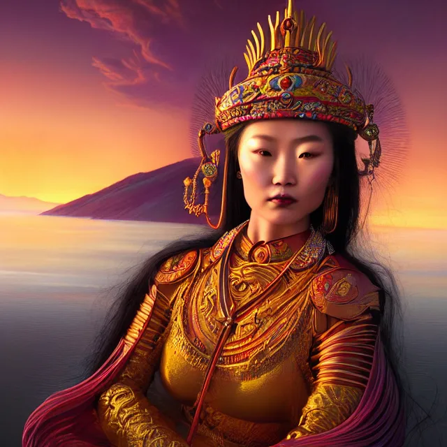 Prompt: beautiful 3 d render of a mongolian queen goddess in a sensual pose, atmospheric lighting, painted, intricate, volumetric lighting, beautiful, rich deep colours masterpiece, sharp focus, ultra detailed, in the style of dan mumford and marc simonetti, with lake baikal in the background, astrophotgraphy