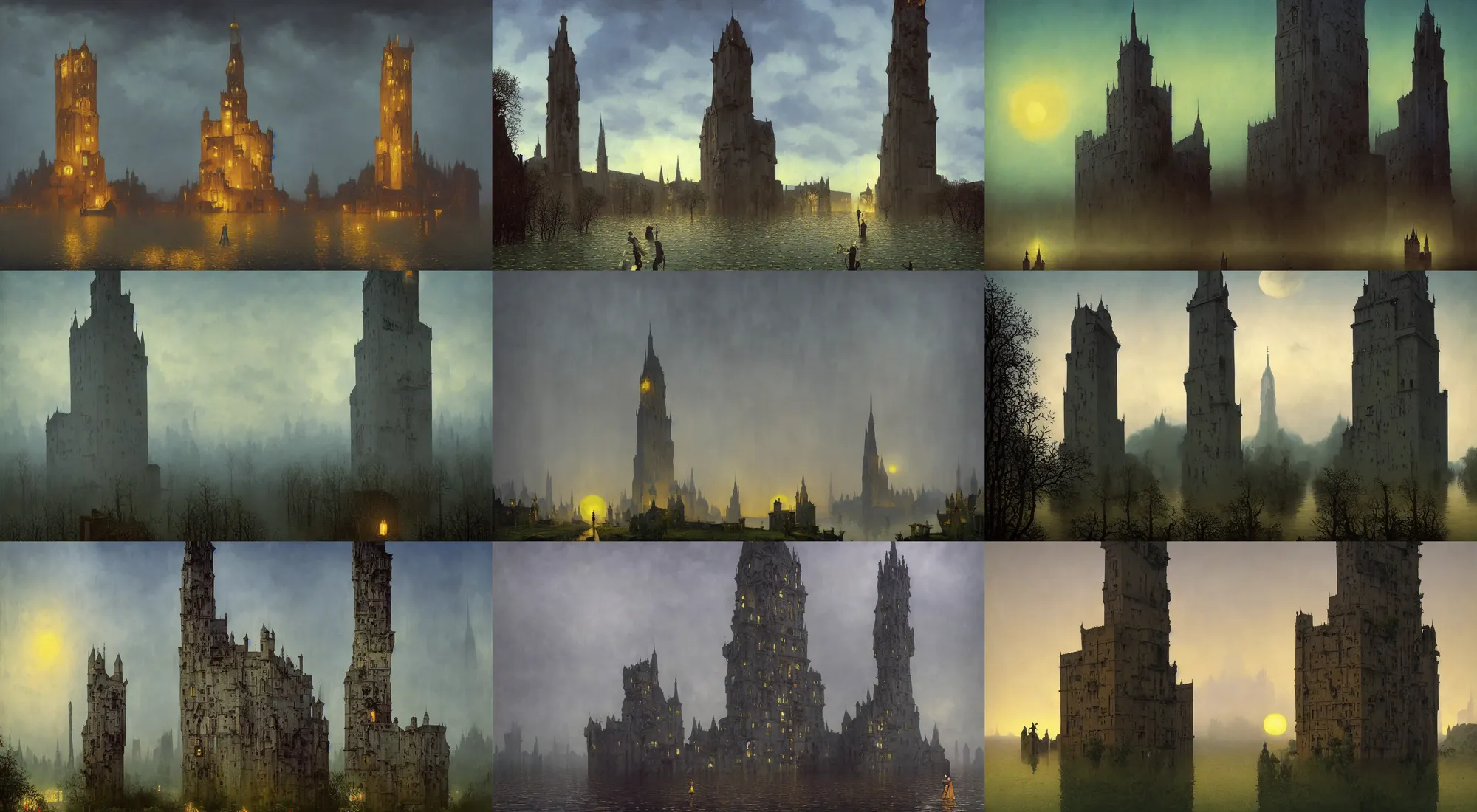 Prompt: the flooded tower is haunted, a high contrast!! minimalist ultradetailed photorealistic painting by rene magritte simon stalenhag carl spitzweg jim burns, dark shadows, full - length view, golden ratio, rectilinear, vibrant colors, symmetry, great composition, high detail, cinematic lighting, award winning masterpiece, trending on artstation