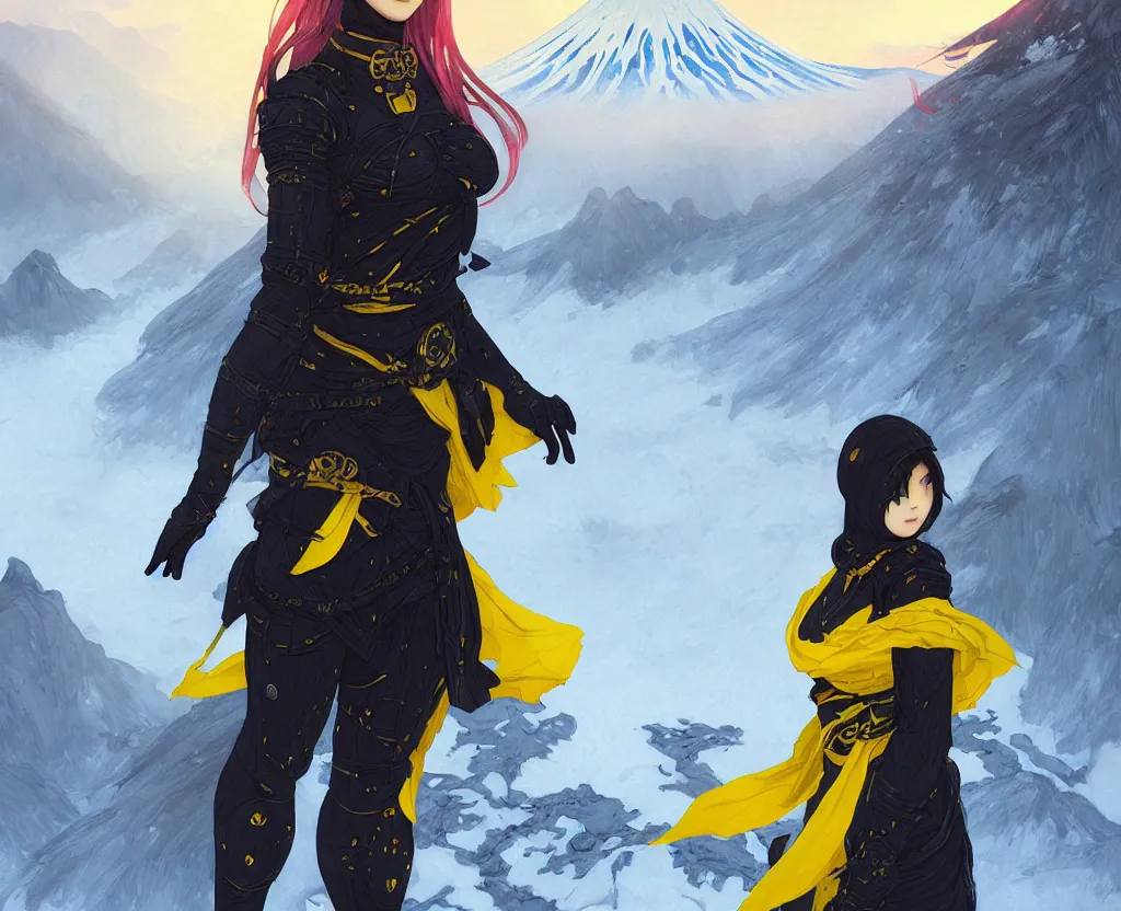 Image similar to portrait ninja gaiden girl, black plus little yellow ninja wardrobe, at snowy fuji mountain sunrise, ssci - fi and fantasy, intricate and very very beautiful, detailed, digital painting, artstation, concept art, smooth and sharp focus, illustration, art by tian zi and wlop and alphonse mucha