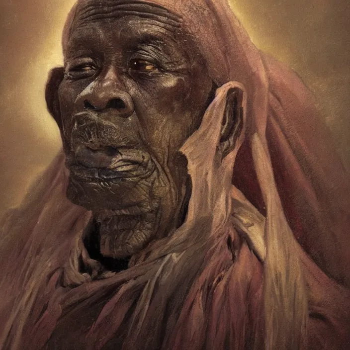 Image similar to a painting of a wise elder from Kenya by Henry Ossawa Tanner . dramatic angle, ethereal lights, details, smooth, sharp focus, illustration, realistic, cinematic, artstation, award winning, rgb , unreal engine, octane render, cinematic light, macro, depth of field, blur, red light and clouds from the back, highly detailed epic cinematic concept art CG render made in Maya, Blender and Photoshop, octane render, excellent composition, dynamic dramatic cinematic lighting, aesthetic, very inspirational, arthouse.