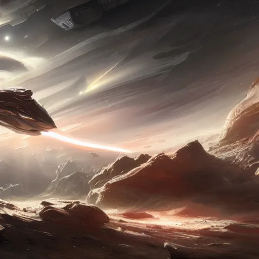 Image similar to a spiky imperial squid space ship travelling near a barren planet by Marek Okon, god rays, fantasy art, 4k, HDR, photorealistic, 8k, trending on artstation