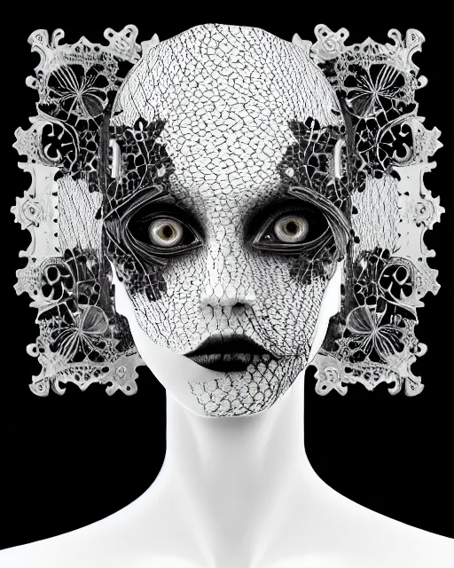 Image similar to black and white masterpiece profile portrait painting with no frame, dutch masters, silver lace floral steampunk biomechanical beautiful one techno eye young female cyborg, big monocular, volumetric light, leaves foliage and stems, hibiscus flowers, by dora maar, rim light, big gothic fashion pearl embroidered collar, 8 k