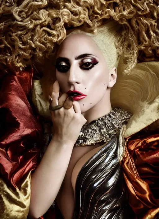 Image similar to lady gaga photoshoot styled by nick knight posing renaissance themed, vogue magazine, Highly realistic. High resolution. Highly detailed. Dramatic. 8k.4k.