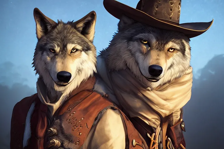 Prompt: character portrait icon of the anthro male anthropomorphic wolf fursona wearing cowboy outfit wild west desperado character design by charlie bowater, ross tran, artgerm, and makoto shinkai, detailed, soft lighting, rendered in octane