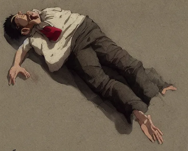 Image similar to a 50 year old brunnete chinese man lying on the floor and crying, horror scene, dramatic, shot from the top, anime art, Greg Rutkowski, studio ghibli, dramatic lighting