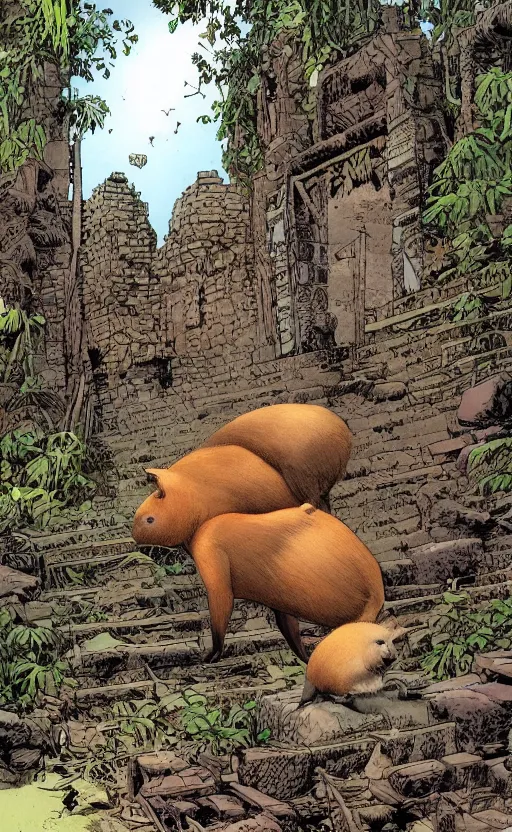 Prompt: a capybara exploring some mayan ruins, comic by david finch and frank miller