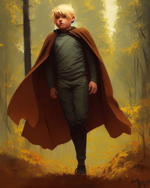 Prompt: masterpiece concept art, blonde boy wearing a brown cape and flying, forest background, emotional, cinematic moody colors, realistic shaded lighting poster by ilya kuvshinov, magali villeneuve, artgerm, jeremy lipkin and michael garmash and rob rey