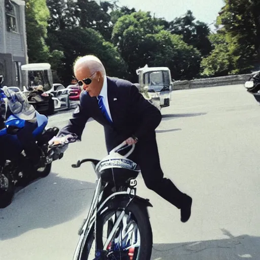 Prompt: ultra realistic photo of joe biden falling off of his bike, film, perfect face, in the style of a candid photo