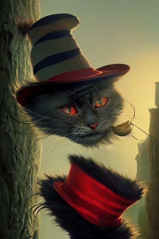 Prompt: complex 3 d render, hyper detailed, ultra sharp, of the cat in the hat, scary, cinematic, natural soft light, rim light, art by greg rutkowski and artgerm and moebius, dr seuss