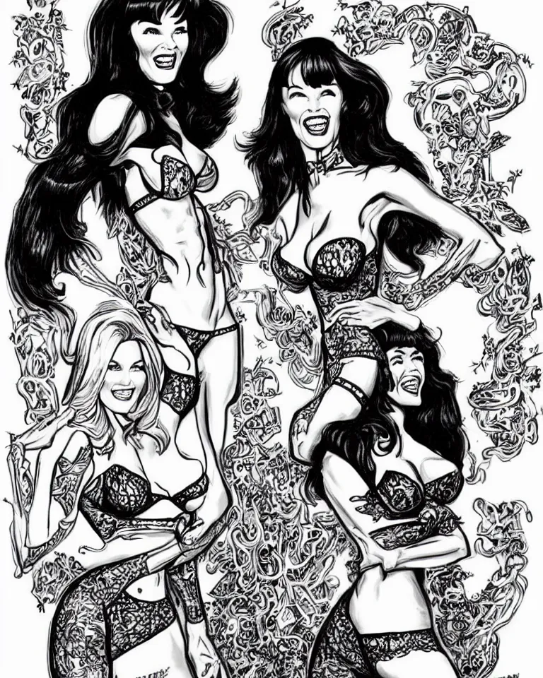 Image similar to elle macpherson and bettie page having a great day, art style ben garrison!!!!!!!!!!!!!!!! drawn by ben garrison, iconic, masterpiece, ornate and detailed, cartoon