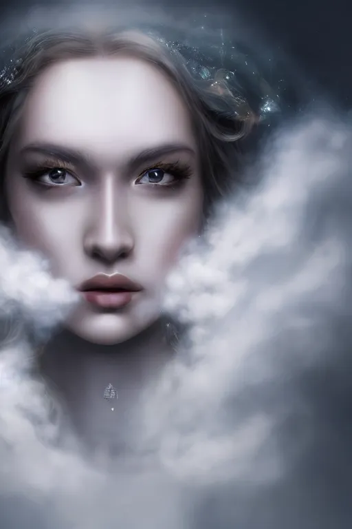 Image similar to Goddes of Clouds, Mist and Smoke, , pretty face, ultra detailed, digital art, 8k ,character ,realistic, portrait, hyperrealistic