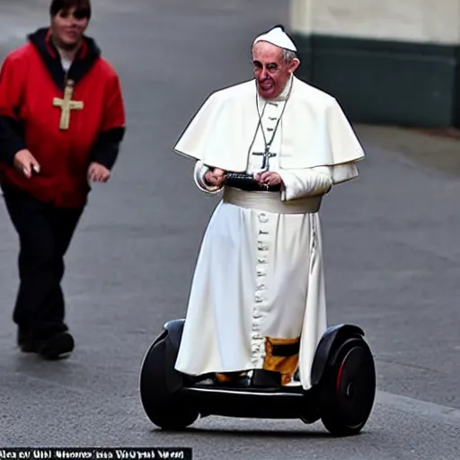 Image similar to the pope riding a Segway in the style of gta V