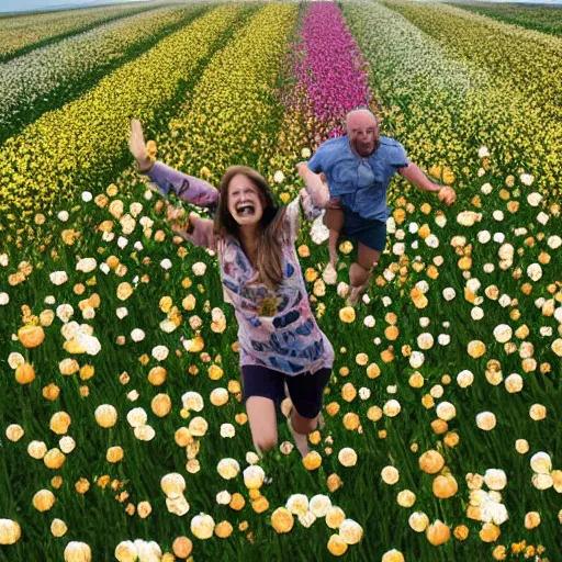 Image similar to humans running in a flower field with their hands in the air, funny facial expressions, eyes rolled back, 'the drugs are finally kicking in'