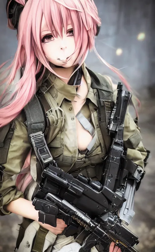 Image similar to portrait photo, highly detailed, high resolution, cosplay photo, stunning, girls frontline style, bokeh soft, 100mm, trending on instagram, by professional photographer, realistic human anatomy, real human faces, realistic military carrier, soldier clothing, modern warfare, realistic guns, shot with a canon, low saturation