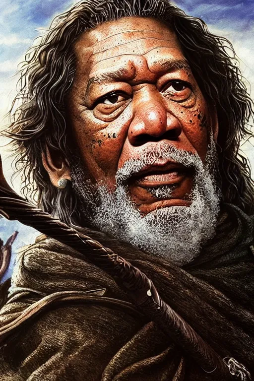 Image similar to morgan freeman starring as gimli in lord of the rings, full body, oil on canvas, intricate, 8 k highly professionally detailed, hdr, cgsociety