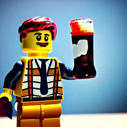 Prompt: photorealistic shot lego - man with a beer one glass in hand medium shot high detailed, beautiful perfectly detailed, high quality realistic, cinematic