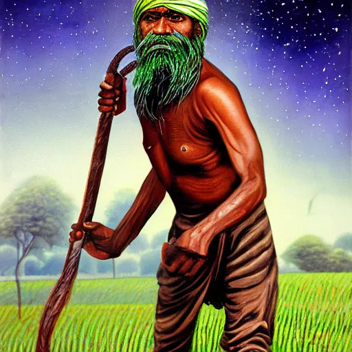 Prompt: portrait of head and body, single bangla farmer fighting on hoseback, hand to hand combat with machete, wielding machete, lungi, full body view, long flowing hair, fighting for his life, nebula aura surrounding subject, horseback combat attacker foreground, background of invading army, nestor canavarro hyperrealist art style, sharp outlines