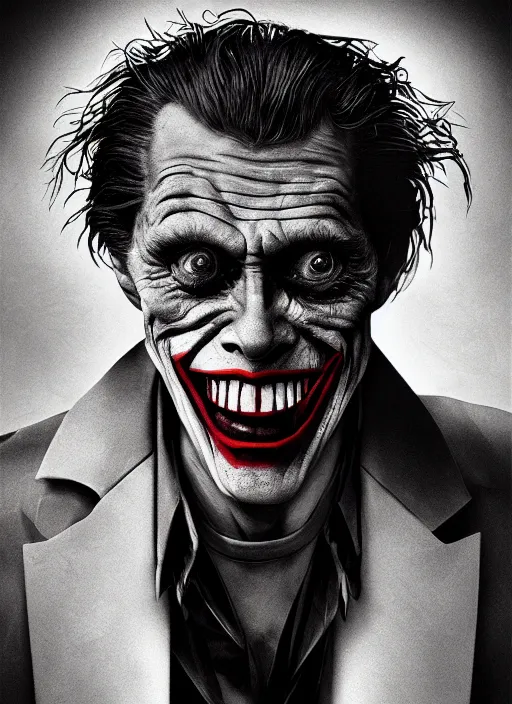 Image similar to photo of Willem Dafoe as the Joker by Lee Jeffries, big smile, detailed, award winning, Sony a7R, trending on artstation