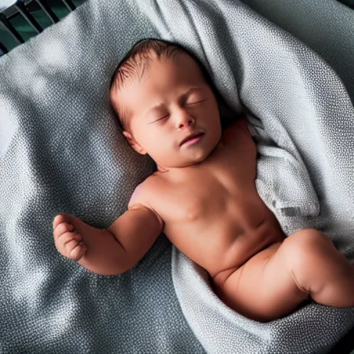 Image similar to huge muscles bodybuilder baby sleeping in a crib, newborn picture, barrel chested, rippling muscles, huge veins, bulging muscles, ripped, award winning photography, high detail