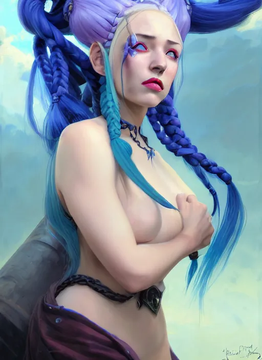 Prompt: portrait of Jinx with blue hair long braids from Arcane League of Legends after work, countryside, calm, fantasy character portrait, dynamic pose, above view, sunny day, thunder clouds in the sky, artwork by Jeremy Lipkin and Giuseppe Dangelico Pino and Michael Garmash and Rob Rey, very coherent asymmetrical artwork, sharp edges, perfect face, simple form, 100mm