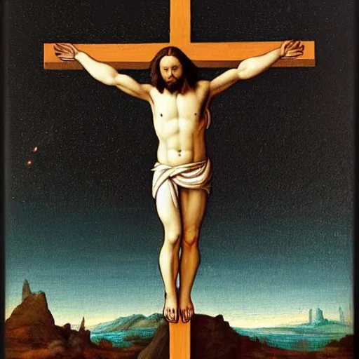 Prompt: Elon musk as jesus christ, crucified on mars, painting in the style of Leonardo Da Vinci