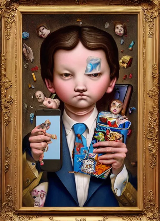 Prompt: people see a smartphone as a trash Mark Ryden and Alex Gross, Todd Schorr highly detailed