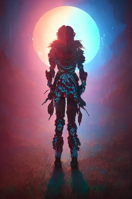 Image similar to combination suit armor aloy horizon forbidden west horizon zero dawn radiating a glowing aura global illumination ray tracing hdr fanart arstation by ian pesty and alena aenami artworks in 4 k tribal robot ninja mask helmet backpack